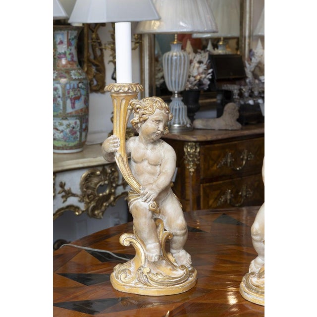Pair of Italian Giltwood Cherub Candlestick Lamps For Sale - Image 4 of 10