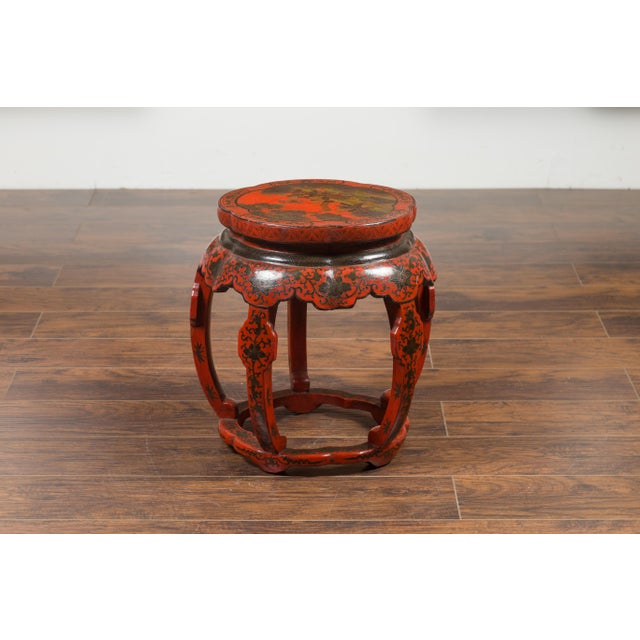 Chinese Chinese Ming Dynasty Style 1920s Red and Black Lacquered Drum Stool or Table For Sale - Image 3 of 12