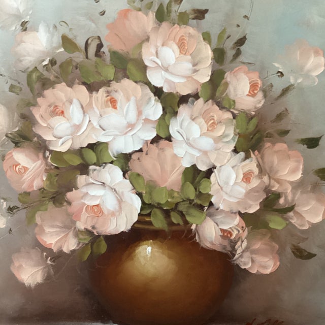 Vintage Floral Still Life Rose Bouquet in Vase Oil Painting on Canvas Signed Framed For Sale - Image 10 of 12