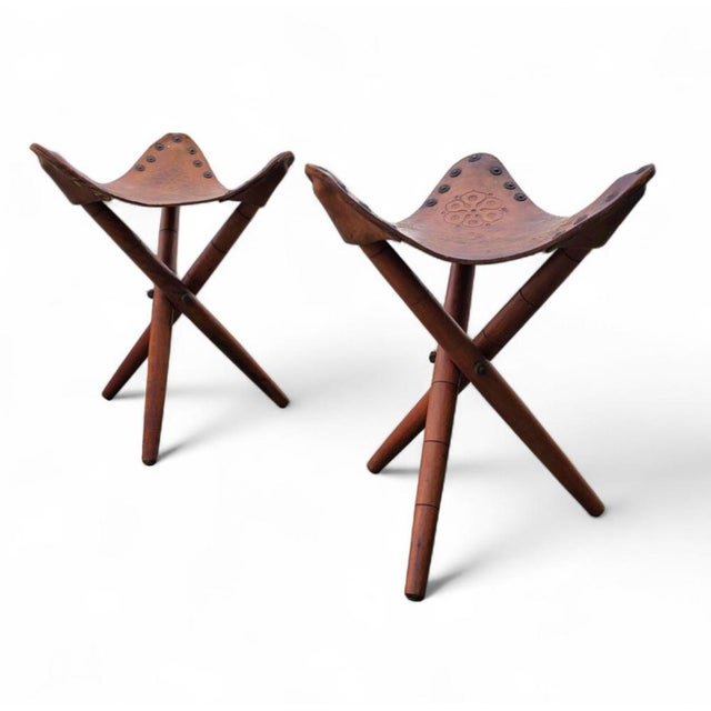 Vintage Tooled Leather Tripod Chairs, Set of 2 For Sale - Image 15 of 18