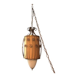 Mid-Century White Globe in Metal Flower Cage Swag Light For Sale