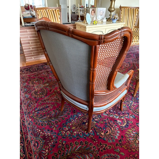 Traditional 1990s Ethan Allen Regency Faux Bamboo and Cane Wingback Upholstered Chair For Sale - Image 3 of 5