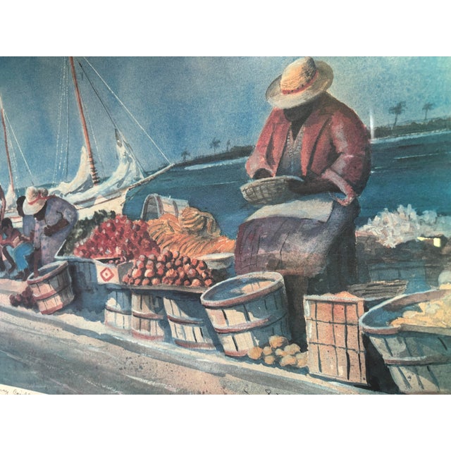 Vintage David W. Clough Signed Original Lithograph “Sunny Caribbee Market” For Sale - Image 4 of 9