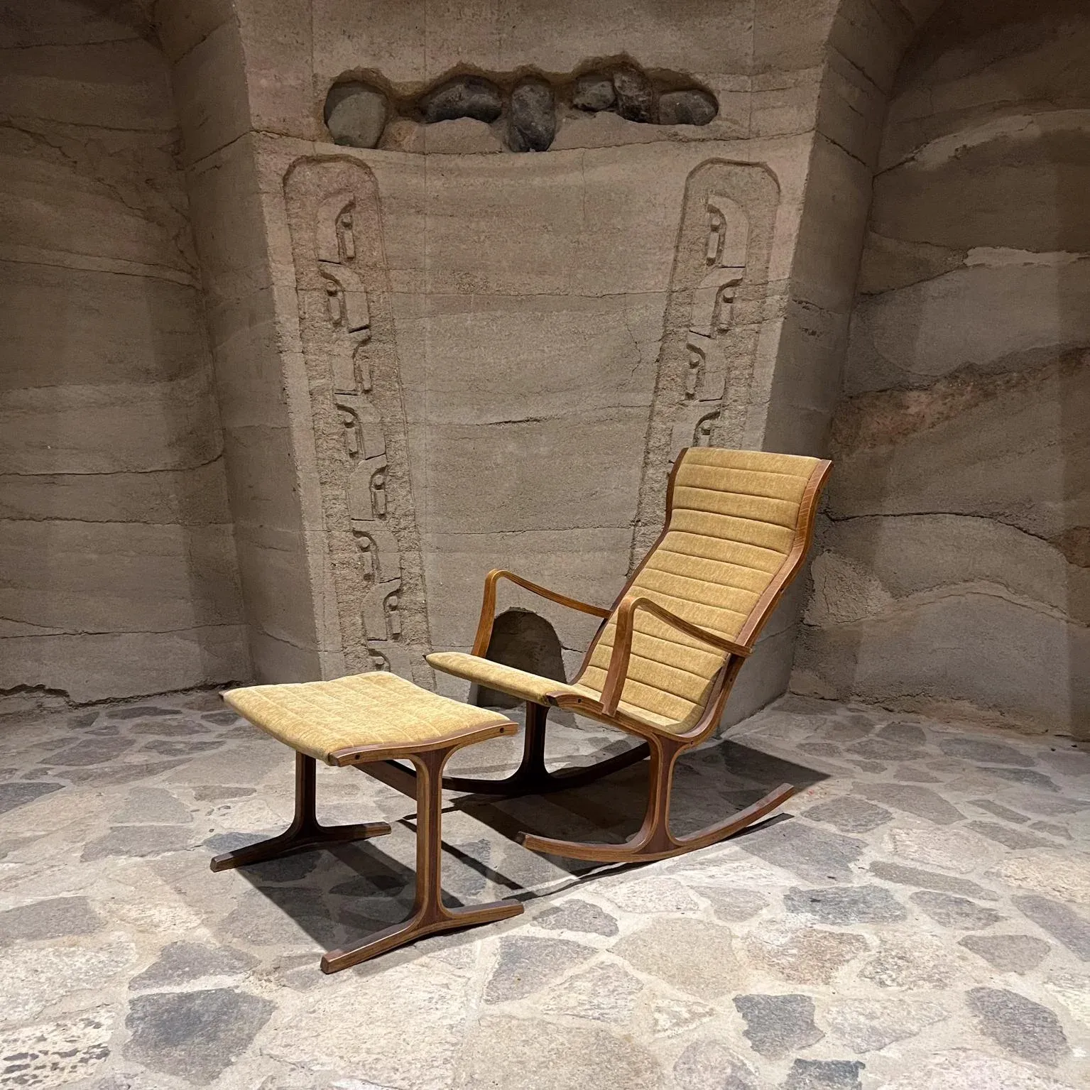 1966 Tendo Mokko Heron High Back Rocking Chair Ottoman Japan