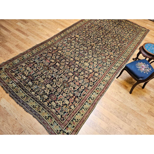 19th Century Antique Karabagh Gallery Rug, Hand-Knotted Wool, Allover Geometric Pattern, Navy & Tan, 7' X 14' For Sale - Image 5 of 17