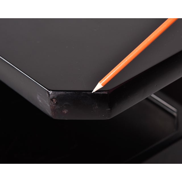 Found in Italy, this large circa 1990s credenza has a black finish and silver tone hardware - looks to be brushed...