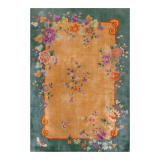 1920s Orange Apricot Floral Modern Antique Chinese Art Deco Carpet 5'10" X 8'3" Knotted Wool Rug For Sale