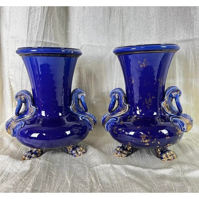 French Antique French Cobalt Blue Faience Urns Pair W/ Gilt Swan Handles For Sale - Image 3 of 12