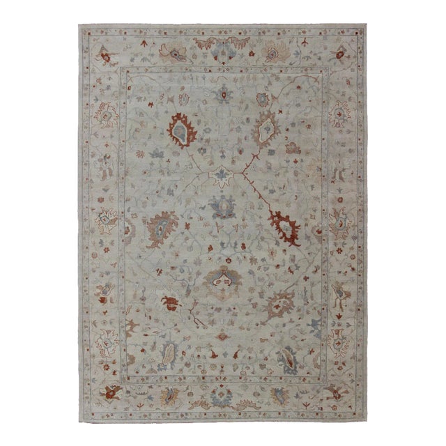 Modern Oushak Rug With All-Over Floral Design in Wool by Keivan Woven Arts For Sale