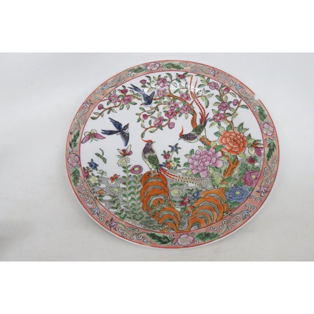 Famille Rose Macau Hand Painted Porcelain Plate Raised Exotic Bird Pattern 5058b For Sale - Image 10 of 14