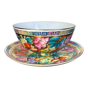 Vintage Chinese Zhongguo Chao Cai Mille Fleur Porcelain Tea Bowl and Saucer Set