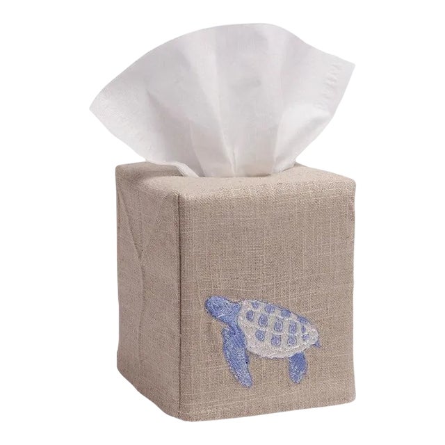Blue Sea Turtle Tissue Box Cover in Natural Linen & Cotton, Embroidered For Sale
