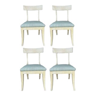 Set of Four Painted Italian Style Niermann Weeks Dining Chairs With Light Blue Upholstered Seats For Sale