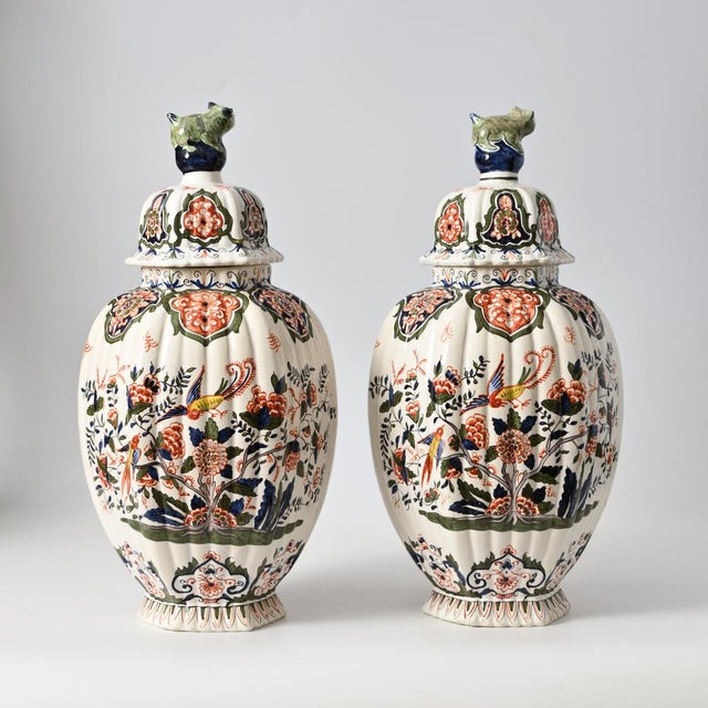 Polychrome Delft Vases by Louis Fourmaintraux, Set of 2 For Sale - Image 4 of 12