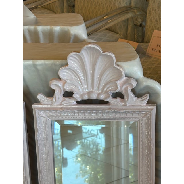 1970s Vintage Pair Light Pink Lacquered Palm Beach Scalloped Shell Wall Mirrors For Sale - Image 5 of 12
