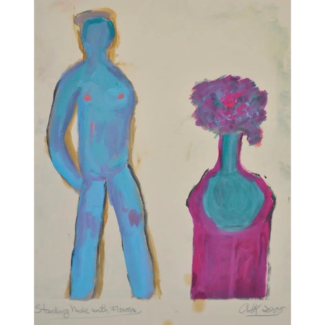 Abstract Arthur Krakower "Standing Nude With Flowers" Original Monotype C.2005 For Sale - Image 3 of 6