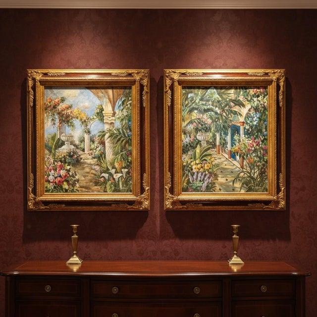Pair of vintage original oil paintings on canvas signed K. Hillman, depicting lush tropical garden courtyards filled with...