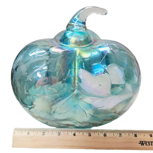Iridescent Aqua Blue & White Swirled Art Glass Pumpkin Sculpture For Sale - Image 9 of 10