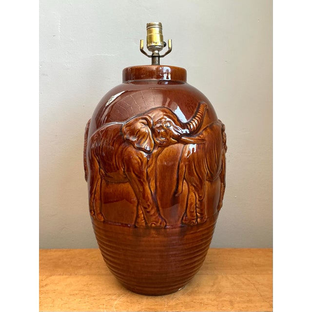 Vintage Brown Glazed Ceramic Elephant Lamp For Sale - Image 9 of 12