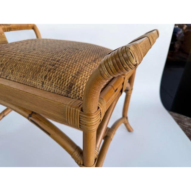Mid-Century Modern Vintage Coastal Woven Rattan and Bamboo Pagoda Style Bench/ Stool For Sale - Image 3 of 5