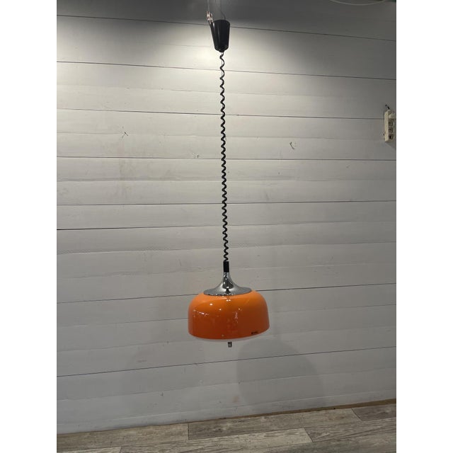 Vintage Space Age Italian UFO Orange Pendant Lamp in Chrome by Guzzini for Meblo, 1970s For Sale - Image 9 of 10