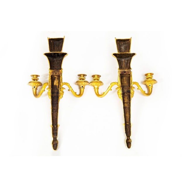 French Pair of French Louis XVI Style Gilt-Bronze Two Light Wall Sconces Candelabra For Sale - Image 3 of 12