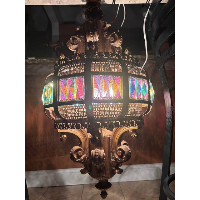 Mid 20th Century Mid 20th Century Spanish Revival Prism Glass Lantern Chandelier - Ornate Hanging Light - 30" For Sale - Image 5 of 8