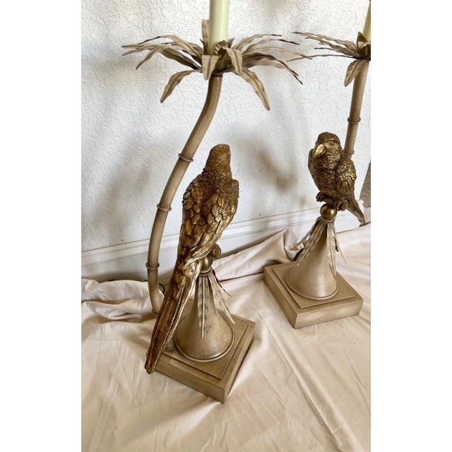 Gold Parrot Palm Tree Tole Table Lamps - a Pair For Sale - Image 4 of 12
