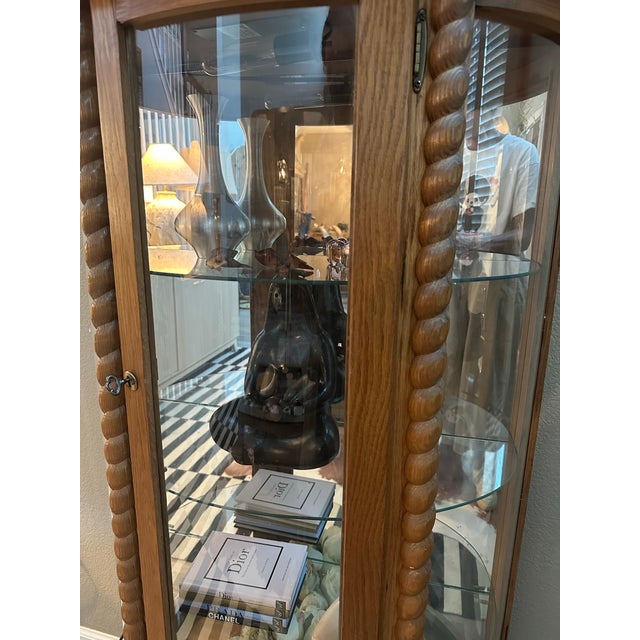 1980s Oak Curved Glass Lighted Curio Cabinet For Sale - Image 9 of 10