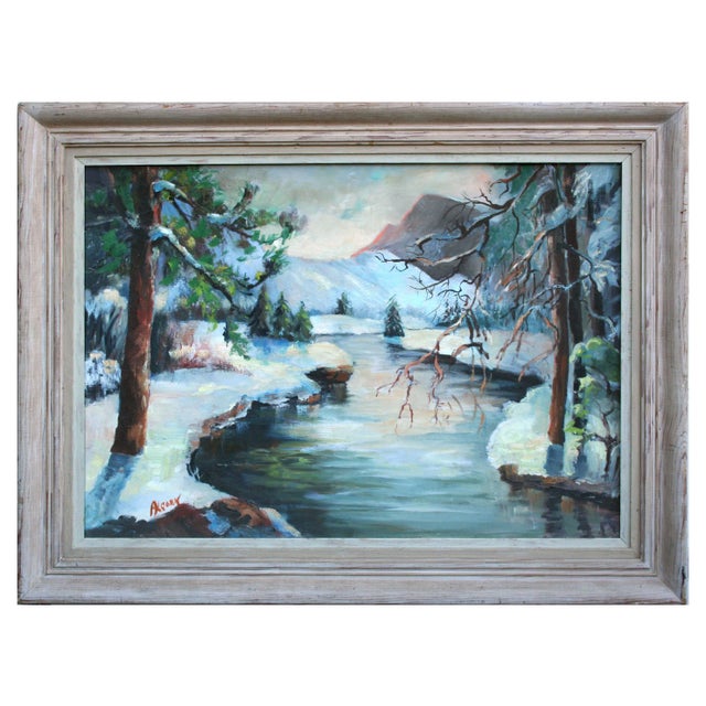 1950s Mountain Stream in Snow, Mid Century Yosemite Winter Landscape by Rowena Lung Alcorn For Sale - Image 5 of 5