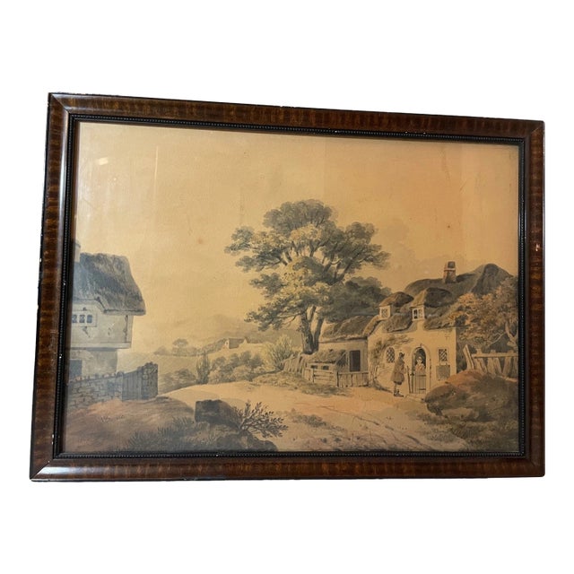 Antique 19th Century Landscape Farm Village Realism Watercolor Painting Country For Sale