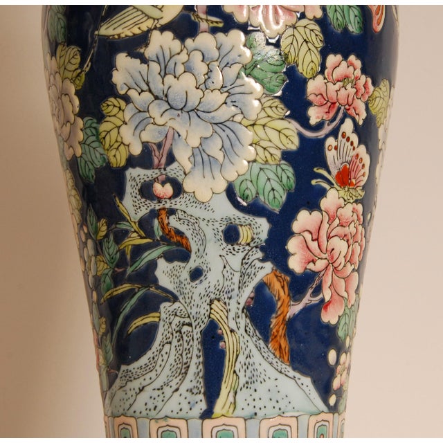 Blue Famille Rose Vase Lamps Chinese Porcelain Blue Fond Oriental Table Lamps - A Pair For Sale - Image 8 of 14