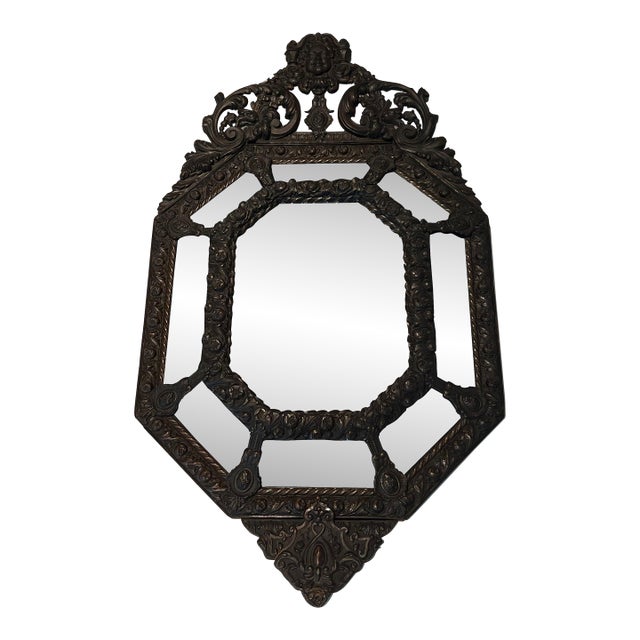 Mirror with Closed Pares in Repoussé Copper Decorated with Garlands of Flowers For Sale