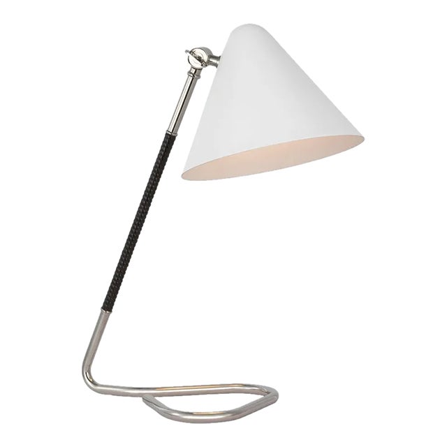 Amber Lewis for Visual Comfort Signature Laken Small Desk Lamp in Polished Nickel and Black Rattan with White Shade For Sale