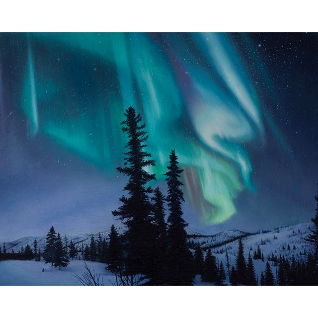 Early 21st Century Witness to the Unknown by Austin Howlett | Oil on panel Northern lights over a snowy landscape. For Sale - Image 5 of 5