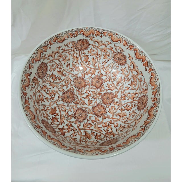 Large Chinese Porcelain Floral Burnt Orange Chinoiserie Bowl With Stand For Sale - Image 6 of 9