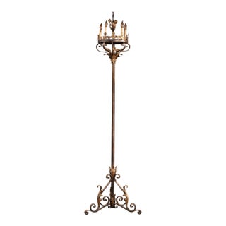 Early 20th Century Monumental Gothic Revival Wrought Iron Floor Candelabra Lamp For Sale
