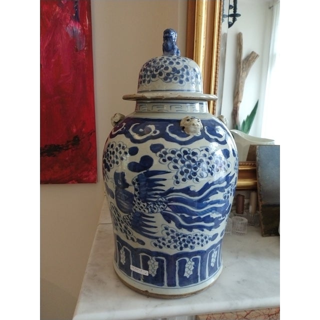 Chinoiserie Extra Large Phoenix Birds Chinoiserie Pottery Ginger / Temple Jars - A Pair For Sale - Image 3 of 3
