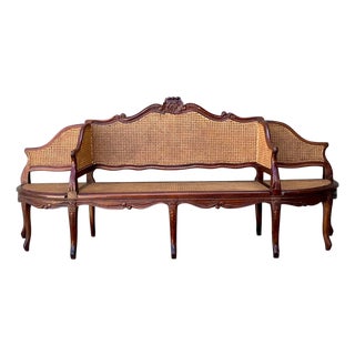 Vintage Carved Wood and Cane Settee For Sale