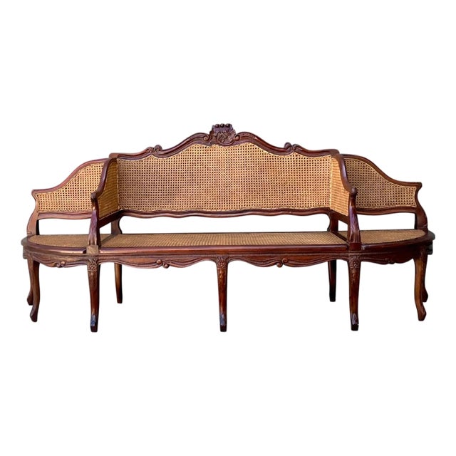 Vintage Carved Wood and Cane Settee For Sale