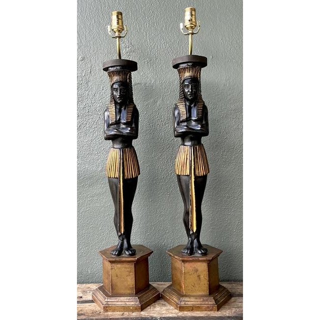 Late 20th Century Vintage Monumental Ebonized Pharaoh Table Lamps - A Pair For Sale - Image 5 of 12