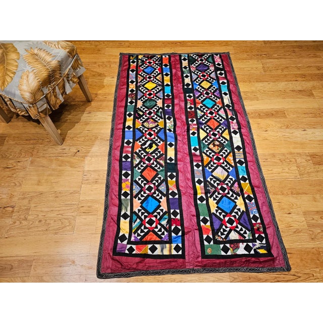 Vintage Uzbek Quilt, Hand-Stitched Silk, Geometric Pattern, Red & Turquoise, 39” X 73” For Sale - Image 4 of 12