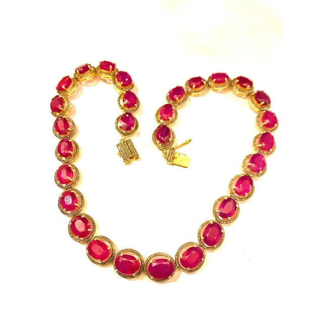 Gemstone Bochic “Capri” Vintage Ruby & Diamond Necklace & Earring Set 18K Gold & Silver For Sale - Image 7 of 13