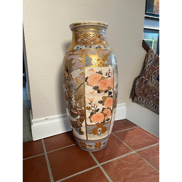 Japanese Monumental 24” Antique Japanese Meiji Period Kyoto Satsuma Palace Floor Vase, Court Scene & Peony Panels For Sale - Image 3 of 11