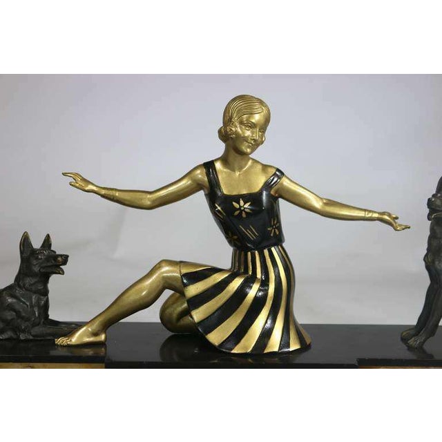 Art Deco Art Deco Patinated Bronze Sculpture of Lovely Seated Lady With German Shepherds For Sale - Image 3 of 7