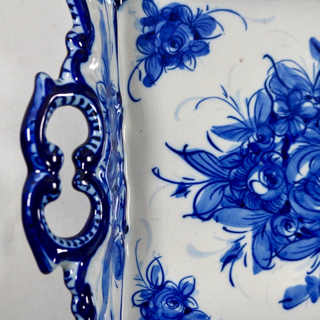 Mid 20th Century Vestal Alcobaca Portugal Blue and White Floral Handled Ceramic Serving Tray For Sale - Image 4 of 16