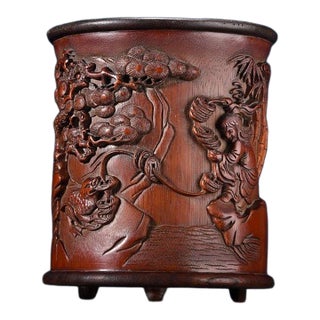 Vintage Chinese Bamboo Carved "Liu Hai & Toad" Brush Pot - 401g For Sale