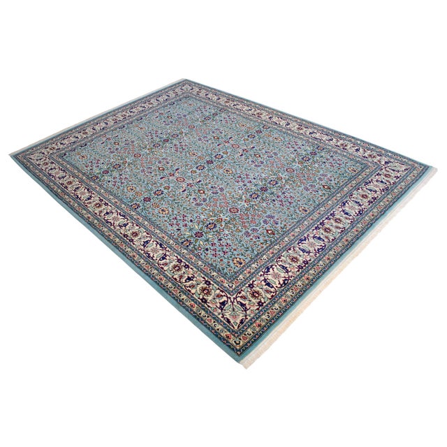 Sky Blue 1980s Vintage Hand Knotted Turkish Rug Hereke Carpet - 7′1″ × 9′6″ For Sale - Image 8 of 18