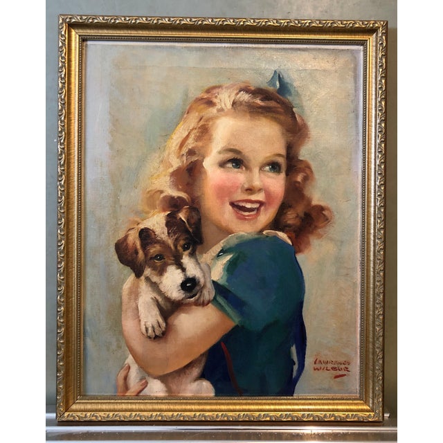 Textile Lawrence Wilbur, 1930s Vintage Oil Painting Girl, Puppy Dog, American Illustrator Lawrence Wilbur, c.1930's For Sale - Image 7 of 7