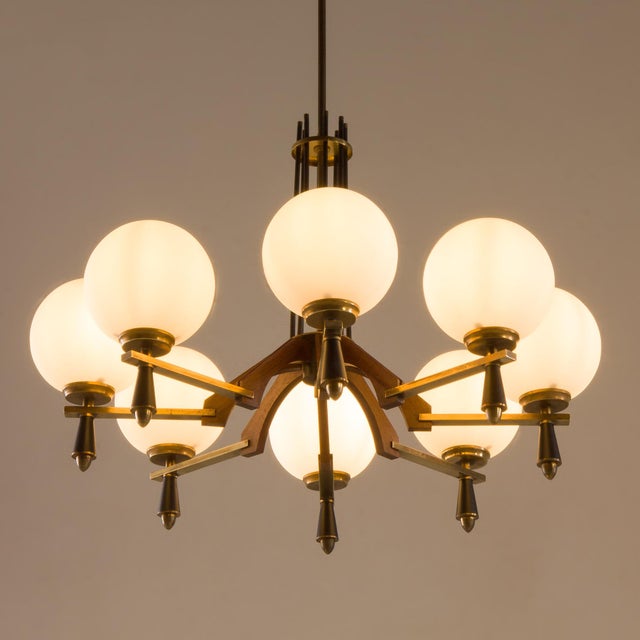 Mid-Century Italian Chandelier in Brass and Teak, 1960s For Sale - Image 11 of 11